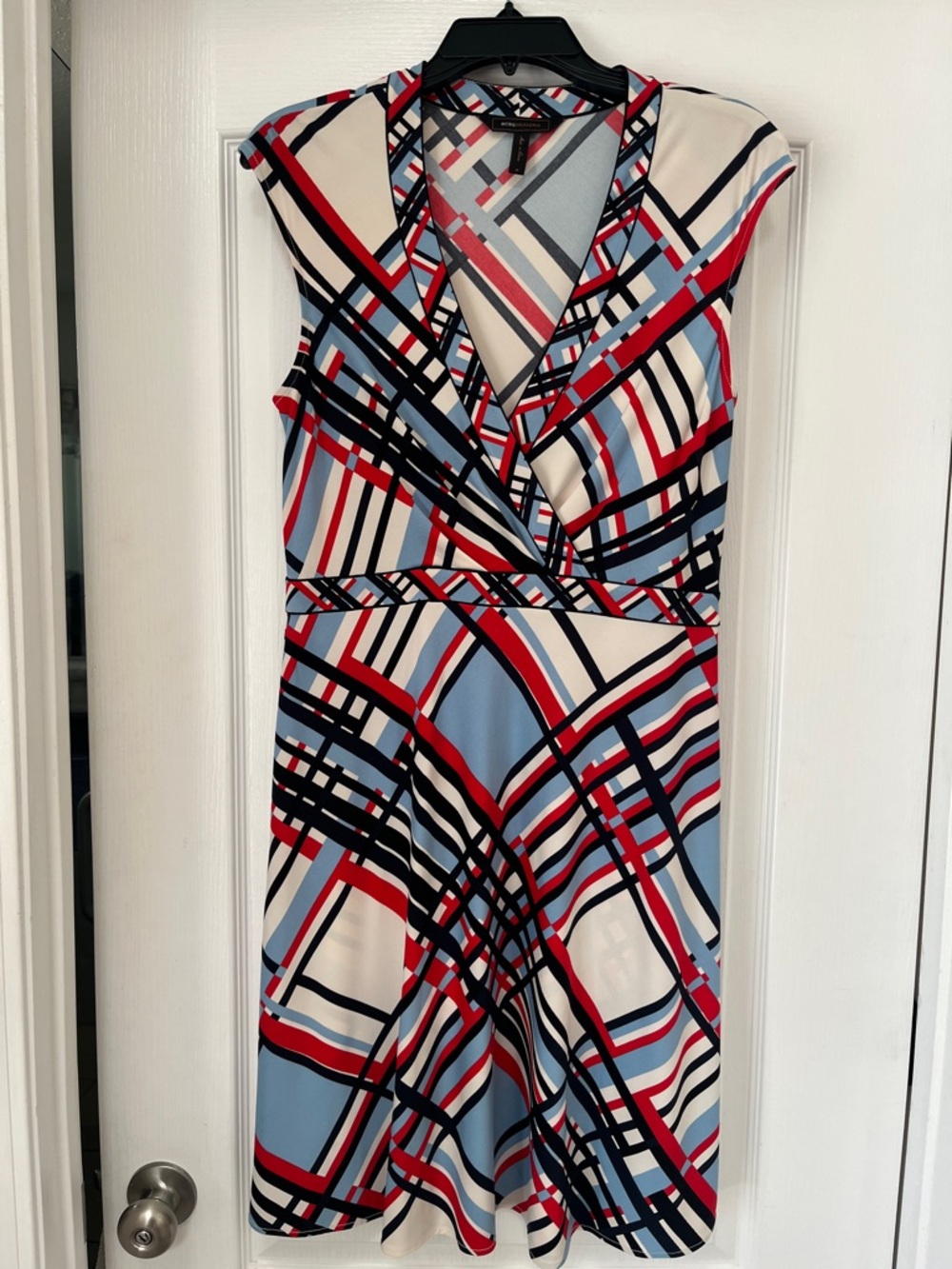 BCBGMaxAzria Sleeveless Red, Light Blue & White Geometric  Dress, M